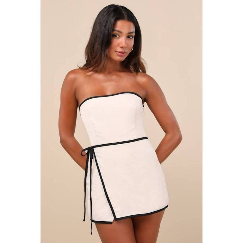 Lulus Tania Beige Strapless Skort Romper - Size XS